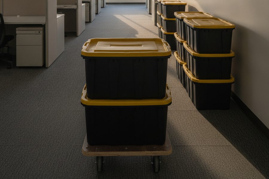 Illustration of black moving bins with yellow lids stacked along an office wall, with two more on a flat dolly